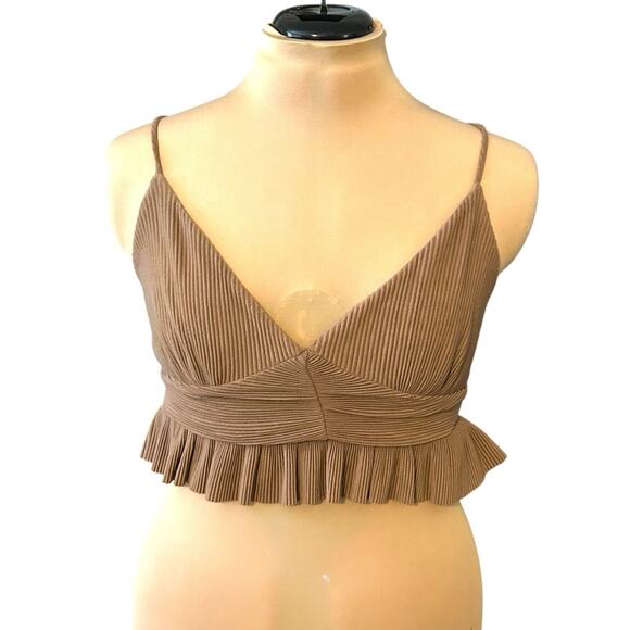 Urban Outfitters Ribbed Ruffle Tank Top Size Medium Deep V Bralette Brown - Picture 1 of 4